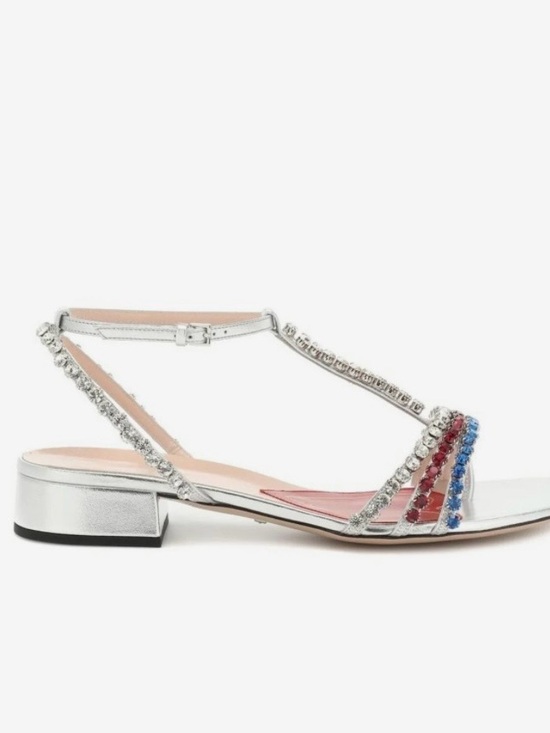 New Gucci Bertie Sandals with Red, Clear, and Blue Crystal Straps 37.5 - Picture 6 of 14